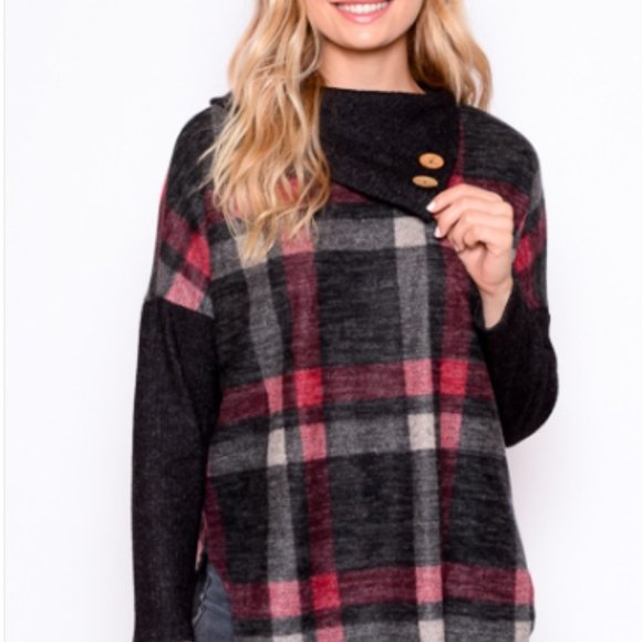 Red and Black Charcoal Plaid Brushed Sweater - Picture 1 of 9